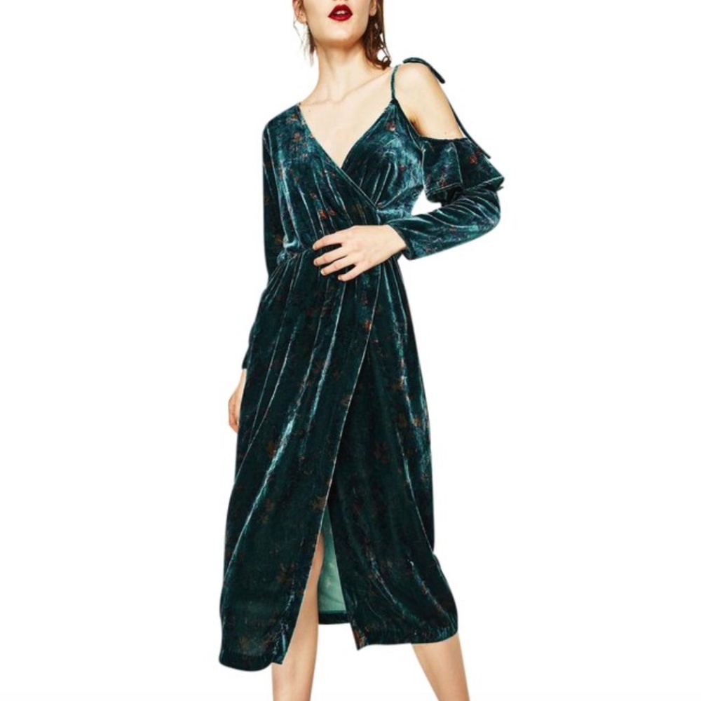 Zara Velvet Floral Print Off The Shoulder Dress